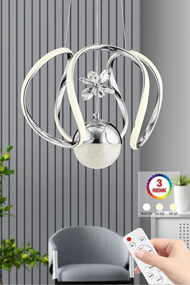 Kumandalı Bigiee Gümüş Üç Renk Lüx Ledli Modern Led Avize